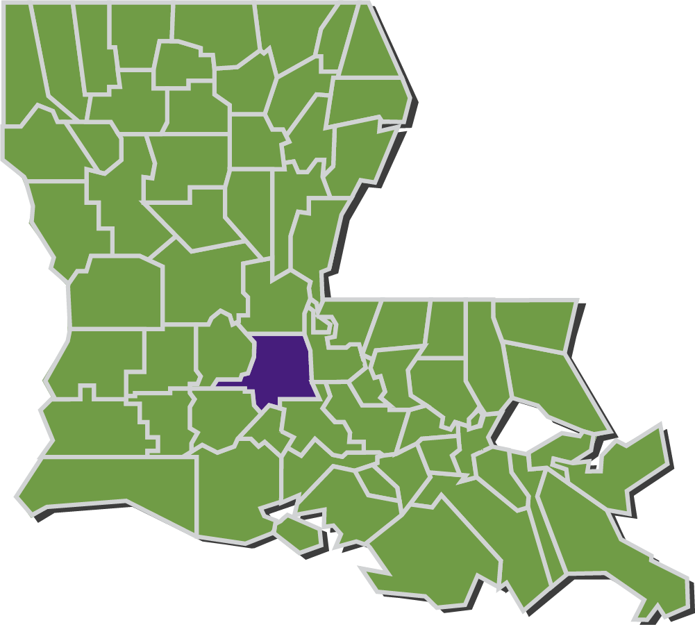 Map of Louisiana parishes with St. Landry parish highlighted in purple.